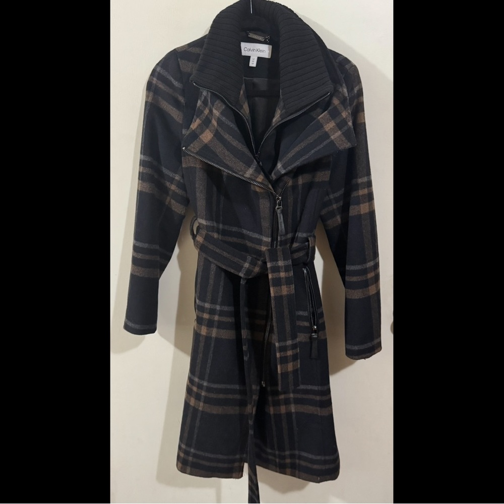 Calvin Klein Black and Brown Wool Wrap Coat